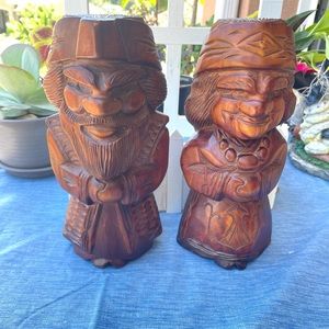 Ainu Couple Figurines Hand-Carved Wood Hokkaido Japan Vintage 10" H x 4" W.